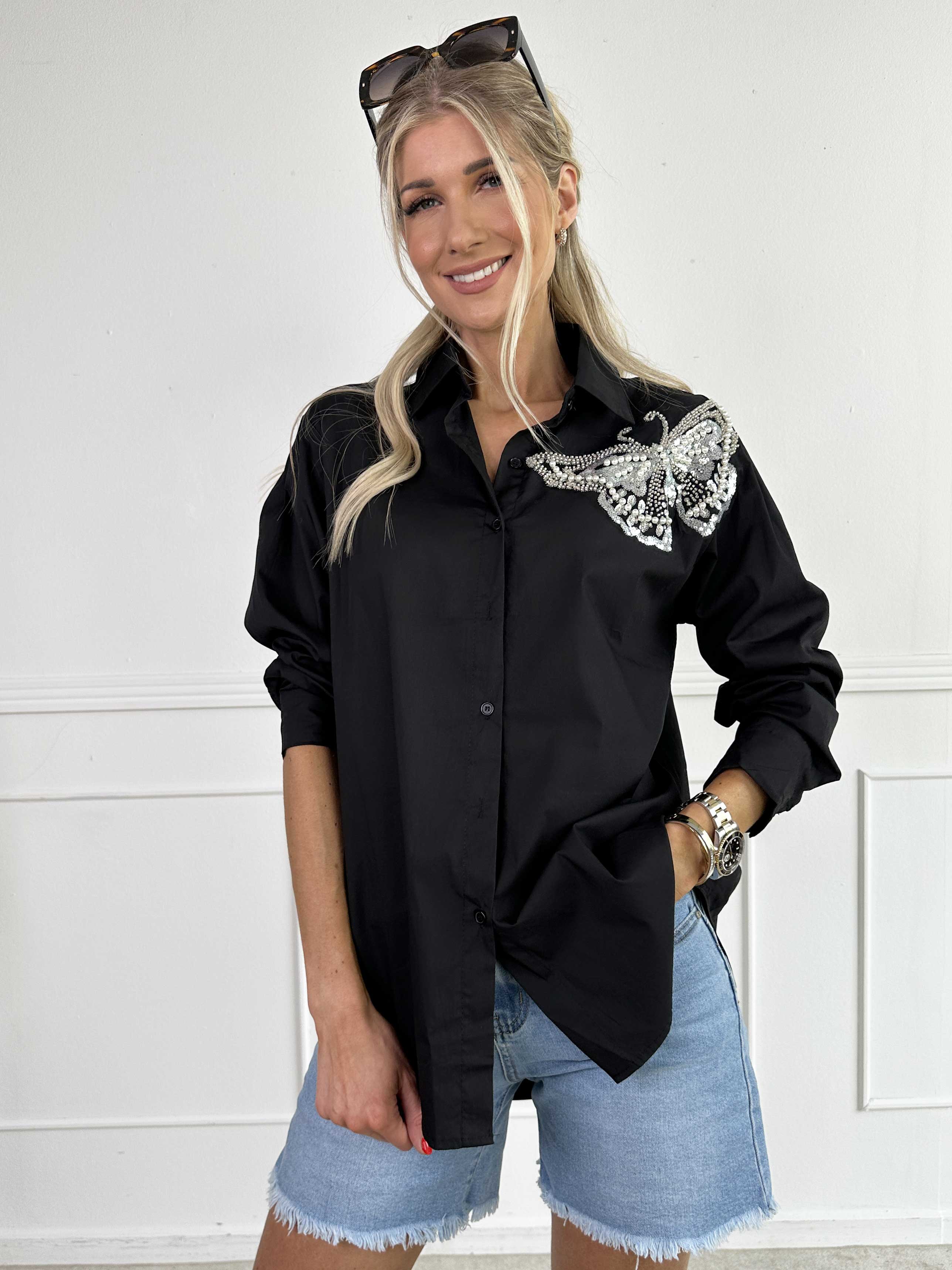 Frederikke - Skjorte med sommerfugl i perler og pailletter